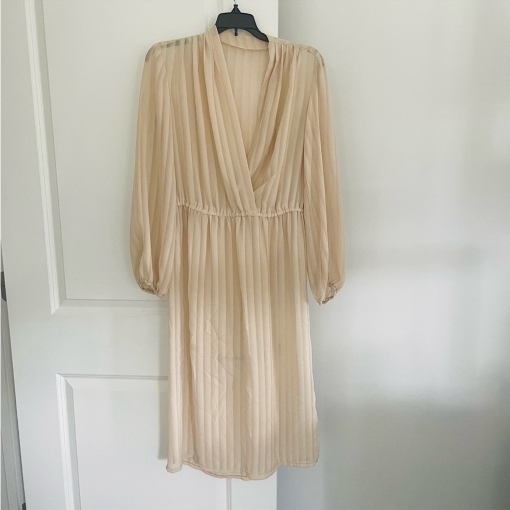 Vintage Sheer Long Sleeve Faux Wrap Dress Beige Size M